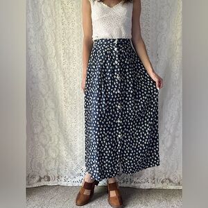 Vintage 80s HI Studio Navy & Cream Paisley Pleated Midi Skirt – Pockets – S